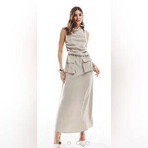 ASOS design- cowl neck midi dress with pocket detail in stone